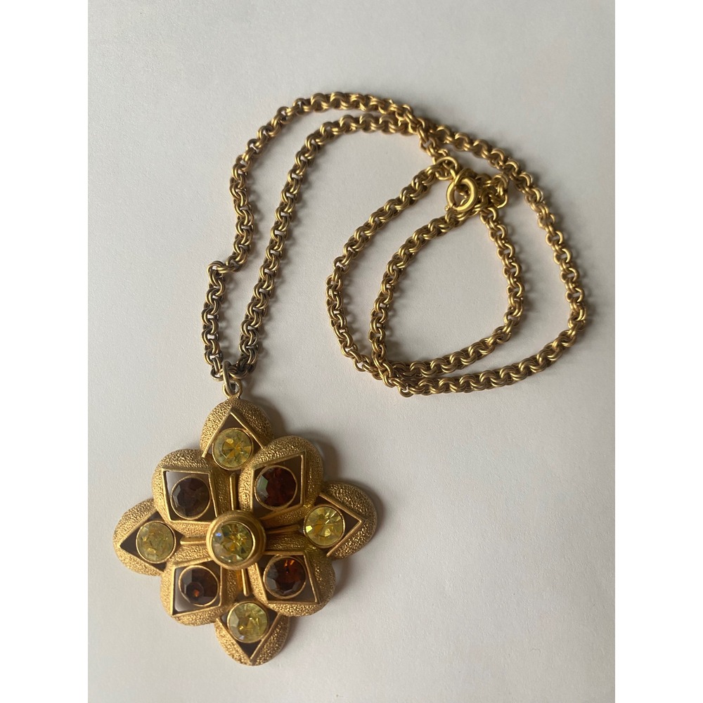 Sarah Coventry Vintage Gold Tone Amber Rhinestone Maltese Cross Pendant Necklace
